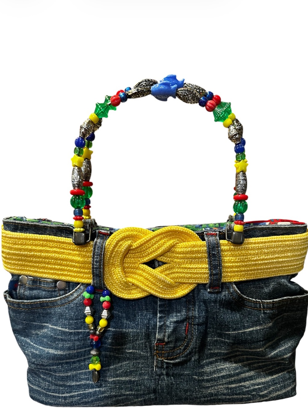 Denim Nautical Beads Tote Bag with Yellow Rope Belt and Beaded Handle